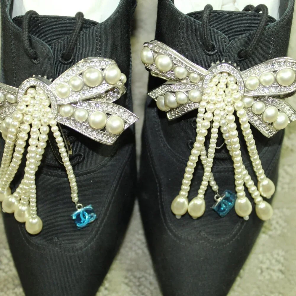 CHANEL NEW Pre-Fall 18A BLACK CC PEARL JEWELED BOW BOOTIES SHOES EU 37.5C / 6.5